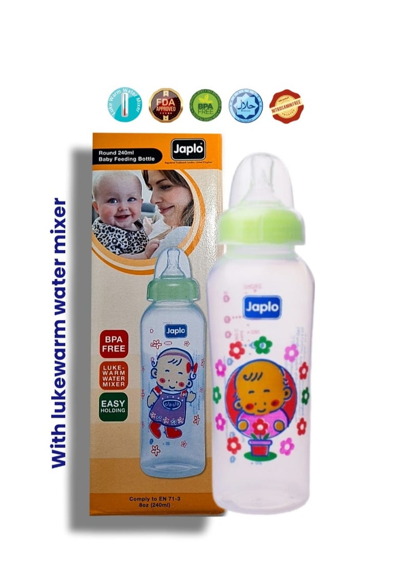 Japlo - Round baby feeding Bottle with Anti-colic nipple & Lukewarm water mixer size 240 ml RD240 BOX ( assorted) - Image 1