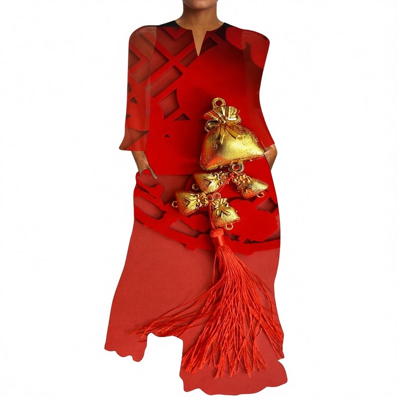 Women's V-Neck Long Sleeve Printed Loose Maxi Dress with Pockets - Image 1