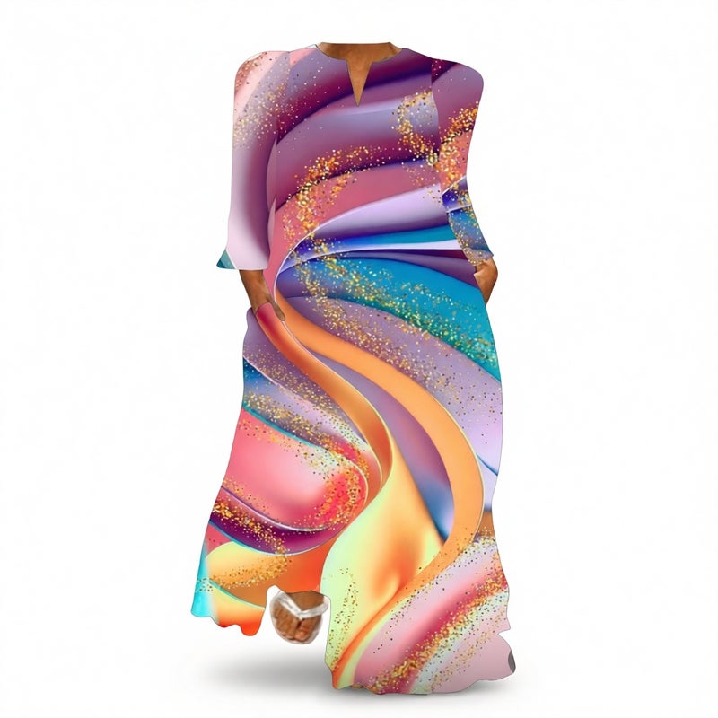 Women's V-Neck Long Sleeve Printed Loose Maxi Dress with Pockets - Image 2