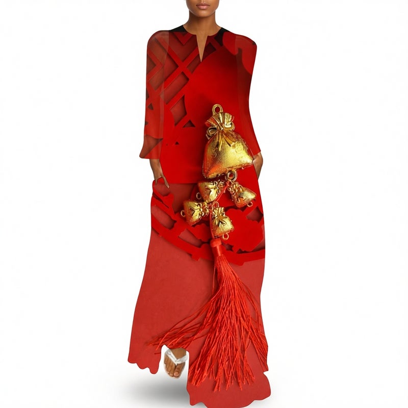 Women's V-Neck Long Sleeve Printed Loose Maxi Dress with Pockets - Image 3