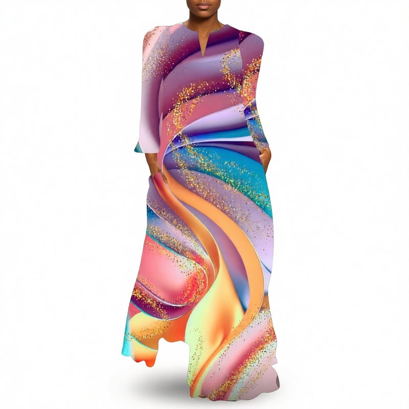 Women's V-Neck Long Sleeve Printed Loose Maxi Dress with Pockets - Image 5