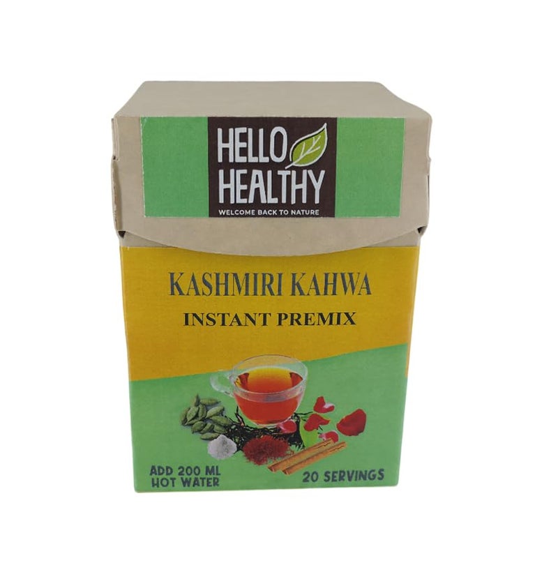 Hello Healthy مرحبا صحي | كشميري كاهوا | شاي مسبق التحضير الفوري | عبوة من 20 كيس (4 جرام × 20) | مزيج غريب مع مستخلص الشاي الأخضر | هيل أخضر | قرفة | بتلات الورد | زعفران | مكونات طبيعية بالكامل - Image 1