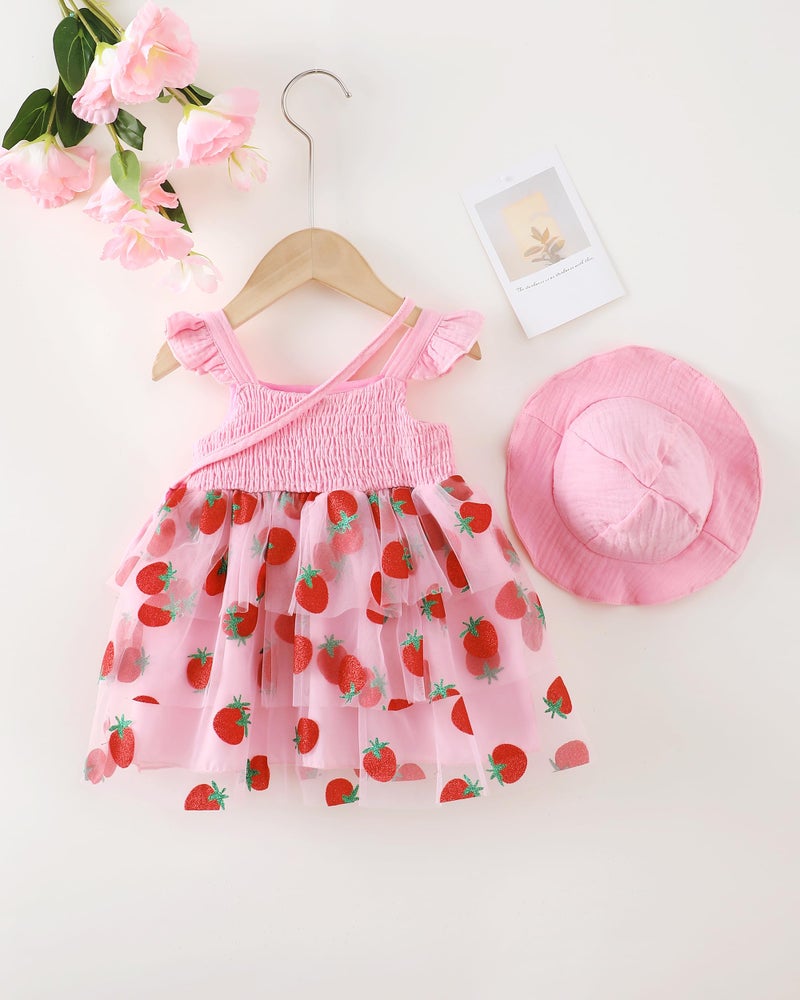 SODLON Baby Girl Dresses 0-3 Months Smocked Newborn Girl Clothes Sleeveless Tulle Tutu Summer Dress Infant Layer Ruffle Dresses Pink Strawberry Boho Outfit Casual Beach Sundress - Image 3