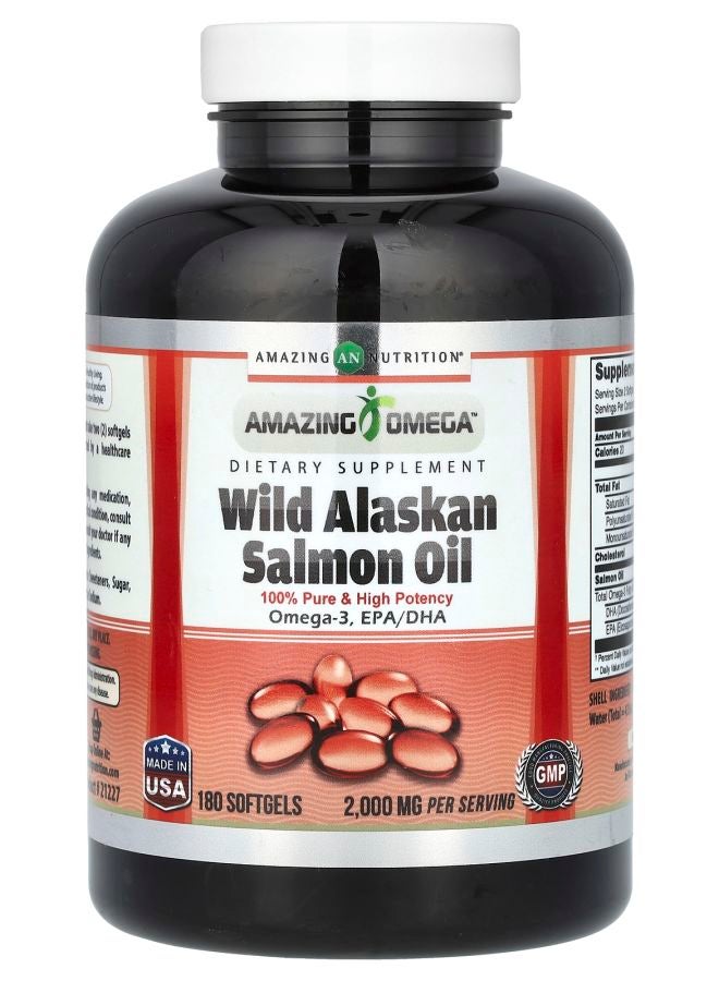 Amazing Nutrition زيت سمك السلمون البري من ألاسكا 2000 ملغ 180 كبسولة لينة