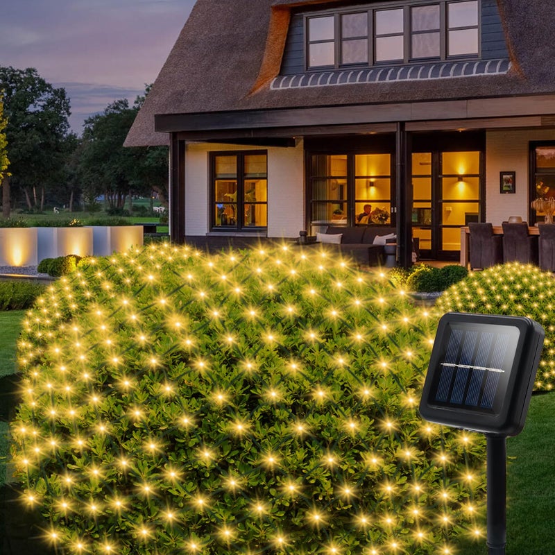 echosari Solar Net Lights Outdoor, 100 LED 5Ft x 5Ft Bush Net Light Outdoor Mesh Lights Auto On/Off 8 Modes for Tree Fence Backyard Bush Decor (Warm White) - Image 1