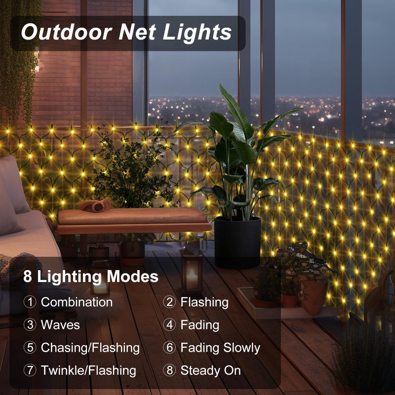 echosari Solar Net Lights Outdoor, 100 LED 5Ft x 5Ft Bush Net Light Outdoor Mesh Lights Auto On/Off 8 Modes for Tree Fence Backyard Bush Decor (Warm White) - Image 5
