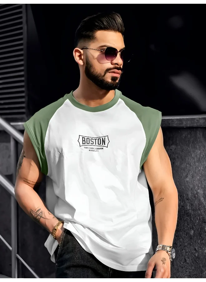 مانياك Mens Printed Round Neck Raglan Sleeveless White and Hunter Green Cotton T-Shirt