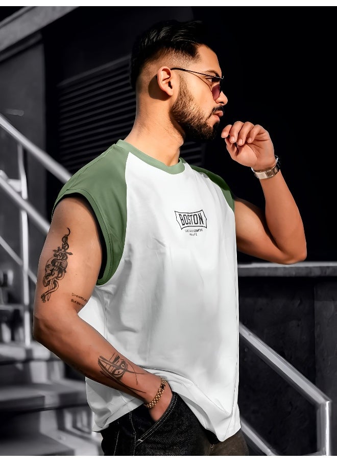 Maniac - Mens Printed Round Neck Raglan Sleeveless White and Hunter Green Cotton T-Shirt - Image 1