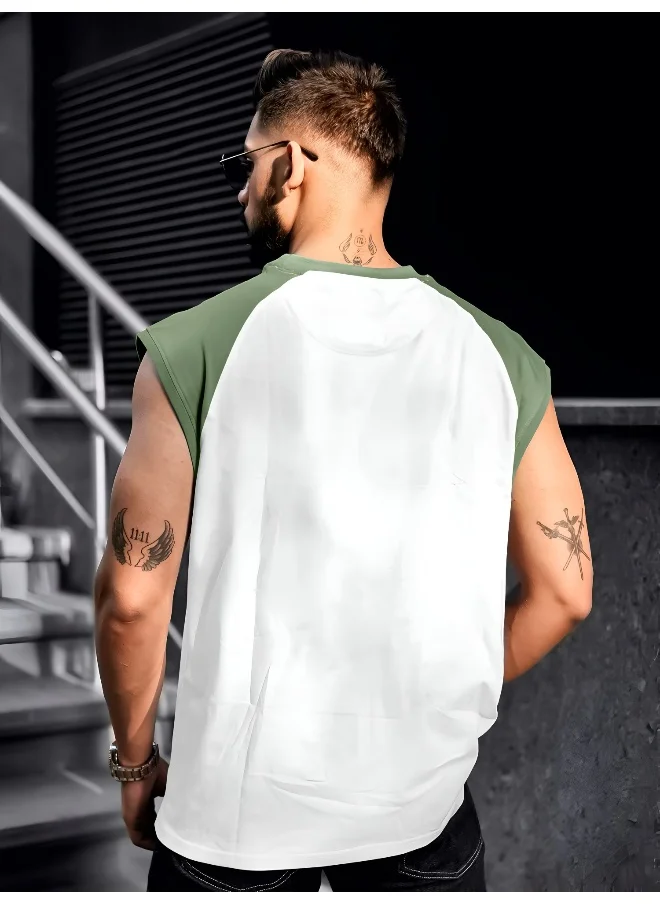 مانياك Mens Printed Round Neck Raglan Sleeveless White and Hunter Green Cotton T-Shirt