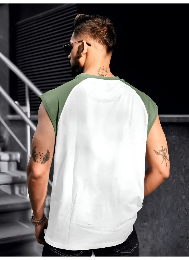 Maniac - Mens Printed Round Neck Raglan Sleeveless White and Hunter Green Cotton T-Shirt - Image 1