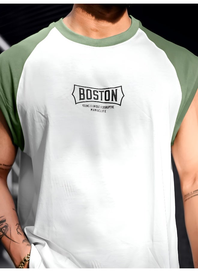 Maniac - Mens Printed Round Neck Raglan Sleeveless White and Hunter Green Cotton T-Shirt - Image 1