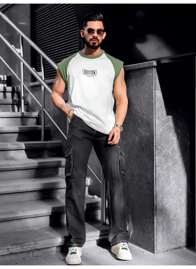 Maniac - Mens Printed Round Neck Raglan Sleeveless White and Hunter Green Cotton T-Shirt - Image 1