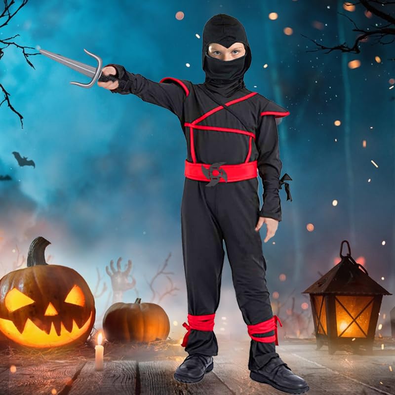 SATKULL Kids Ninja Costume with Halloween Ninja Accessories Boys Dress up Best Gifts(kids-M-6/7T Black) - Image 2
