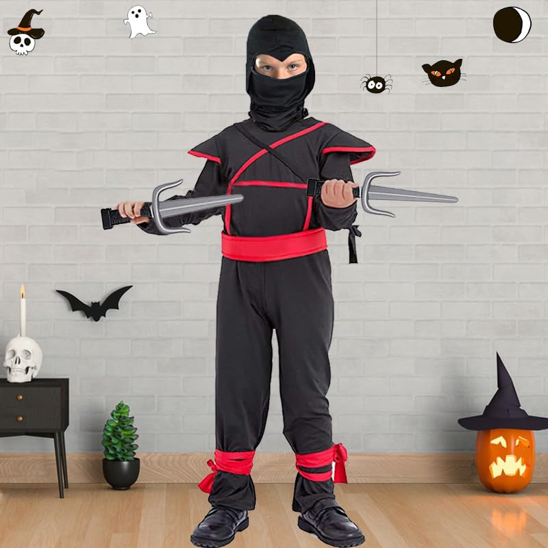 SATKULL Kids Ninja Costume with Halloween Ninja Accessories Boys Dress up Best Gifts(kids-M-6/7T Black) - Image 3