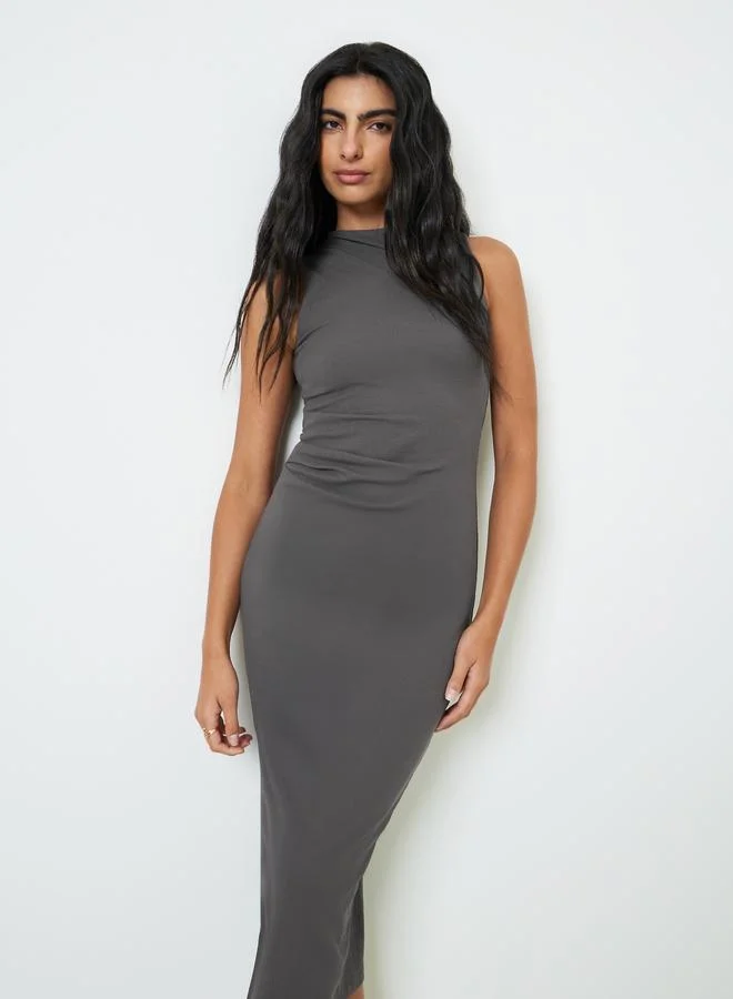 Styli Grey Ribbed Bodycon Midi Dress