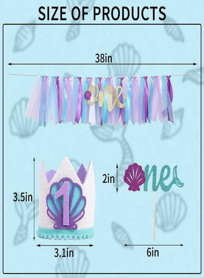 Dvehdbay Mermaid 1st Birthday High Chair Banner- Oneder The Sea Party Decorations Girl, Little Mermaid Birthday Decorations, Highchair Banner 1st Birthdays Girl with Cake Topper, Party Crown for Baby Shower - Image 2