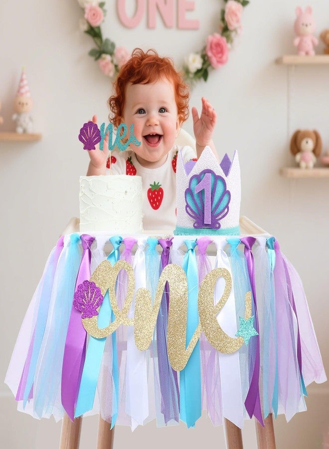 Dvehdbay Mermaid 1st Birthday High Chair Banner- Oneder The Sea Party Decorations Girl, Little Mermaid Birthday Decorations, Highchair Banner 1st Birthdays Girl with Cake Topper, Party Crown for Baby Shower - Image 4