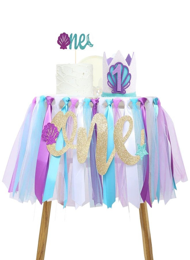 Dvehdbay Mermaid 1st Birthday High Chair Banner- Oneder The Sea Party Decorations Girl, Little Mermaid Birthday Decorations, Highchair Banner 1st Birthdays Girl with Cake Topper, Party Crown for Baby Shower - Image 1
