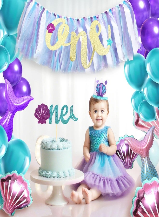 Dvehdbay Mermaid 1st Birthday High Chair Banner- Oneder The Sea Party Decorations Girl, Little Mermaid Birthday Decorations, Highchair Banner 1st Birthdays Girl with Cake Topper, Party Crown for Baby Shower - Image 3