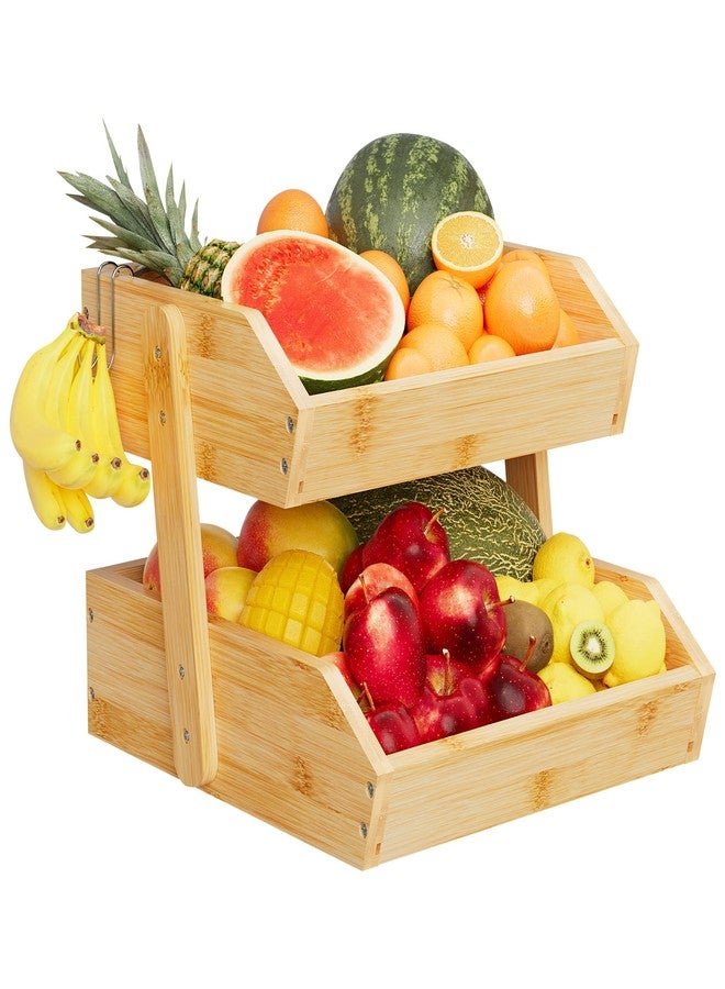 Hellojin Fruit Basket Kitchen Counter Holder - Bamboo 2 Tier Fruit Bowl and Vegetable Storage with Banana Hangers Bread Snack Organizer - Image 1