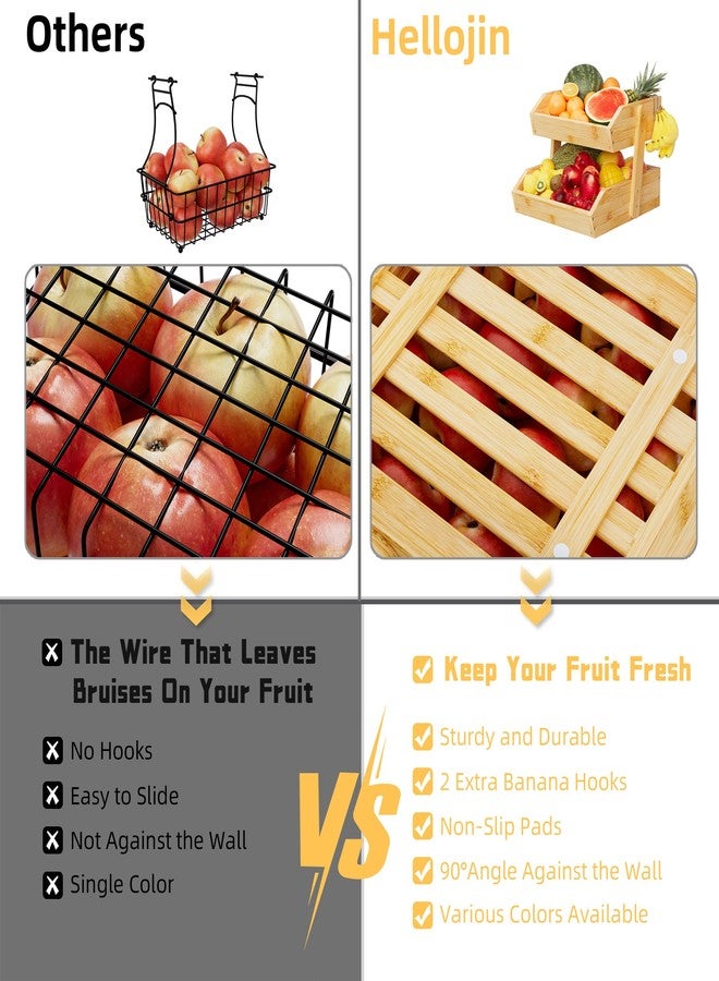 Hellojin Fruit Basket Kitchen Counter Holder - Bamboo 2 Tier Fruit Bowl and Vegetable Storage with Banana Hangers Bread Snack Organizer - Image 4