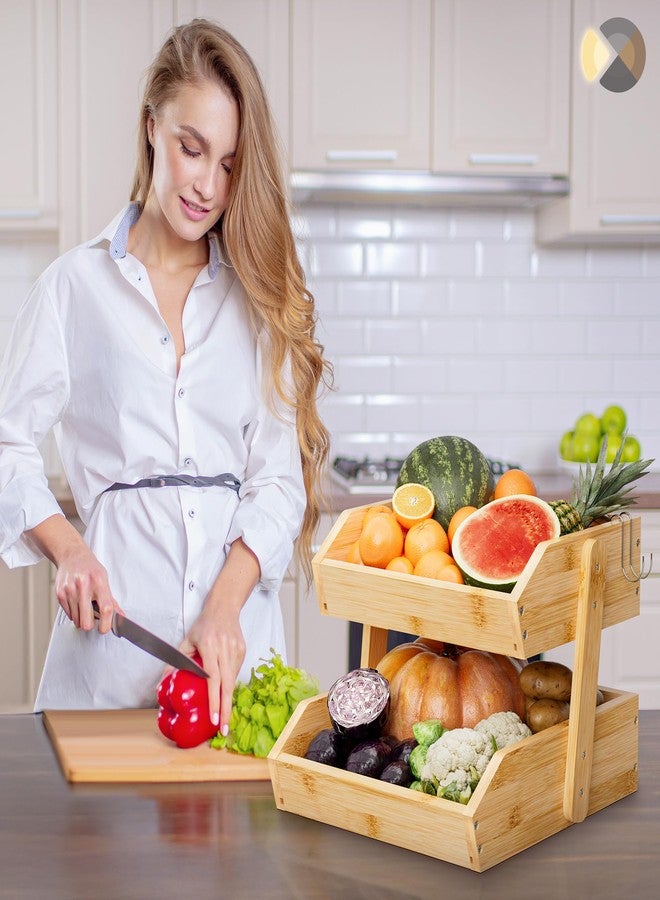 Hellojin Fruit Basket Kitchen Counter Holder - Bamboo 2 Tier Fruit Bowl and Vegetable Storage with Banana Hangers Bread Snack Organizer - Image 2