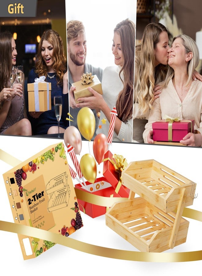 Hellojin Fruit Basket Kitchen Counter Holder - Bamboo 2 Tier Fruit Bowl and Vegetable Storage with Banana Hangers Bread Snack Organizer - Image 5