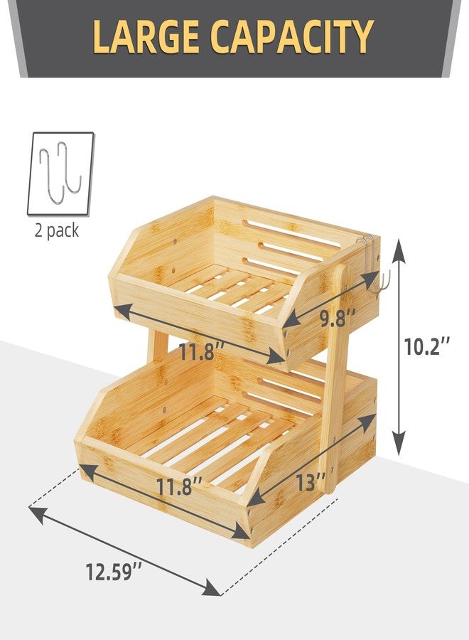 Hellojin Fruit Basket Kitchen Counter Holder - Bamboo 2 Tier Fruit Bowl and Vegetable Storage with Banana Hangers Bread Snack Organizer - Image 3