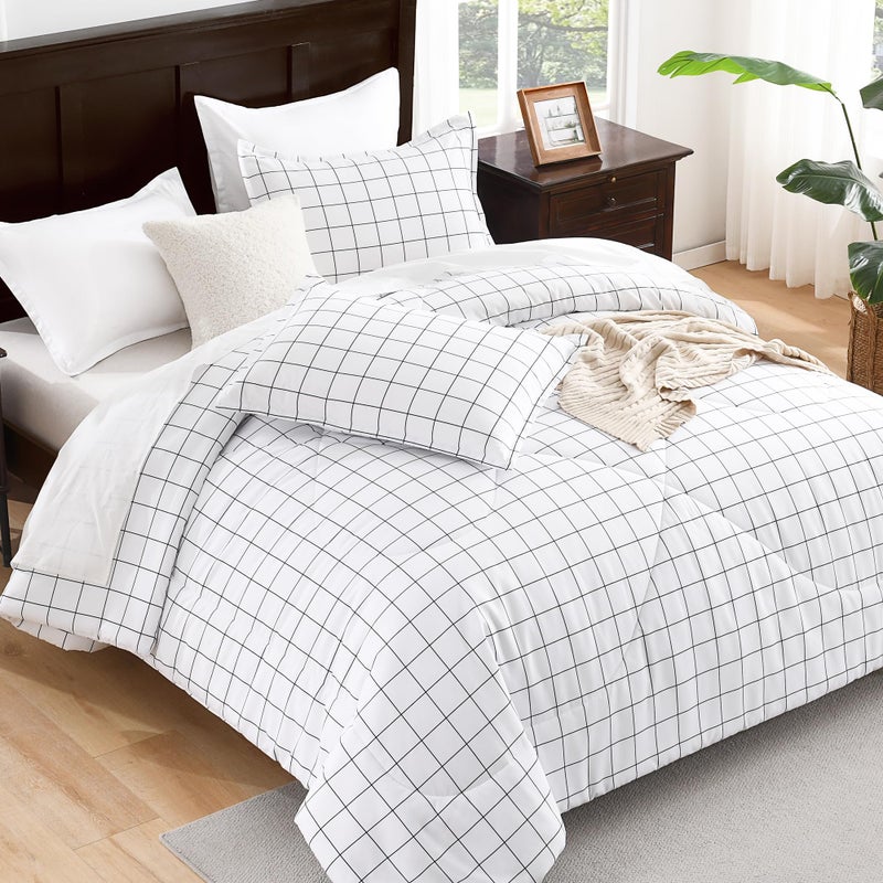 Andency Andency White Grid Comforter Set Twin Size 66x90 Inch 2 Pieces1 Grid Comforter and 1 Pillowcase Summer Lightweight Microfiber Down Alternative White Comforter with Black Lines for Kids Girls 