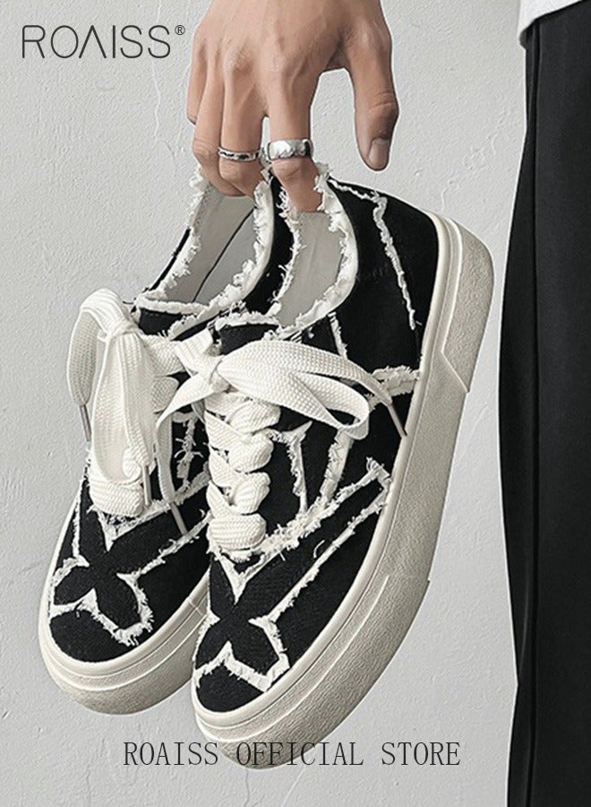 roaiss Platform Sole Canvas Shoes for Women Vintage and Versatile Lightweight and Breathable Sneakers Handmade Frayed Floral Print Casual Cloth Shoes Contrast Color Design Athlesiure Shoes  - Image 2