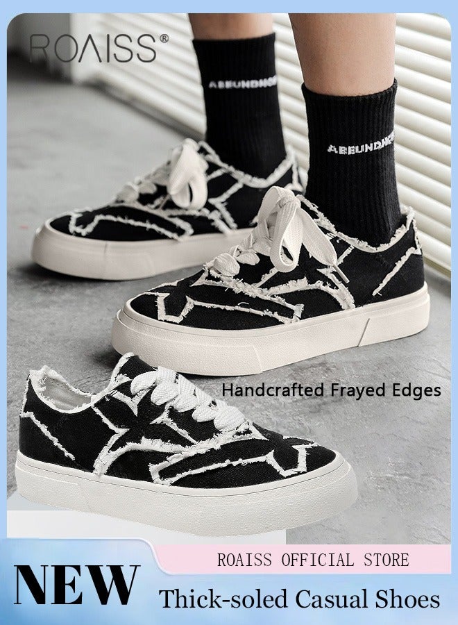 roaiss Platform Sole Canvas Shoes for Women Vintage and Versatile Lightweight and Breathable Sneakers Handmade Frayed Floral Print Casual Cloth Shoes Contrast Color Design Athlesiure Shoes  - Image 1