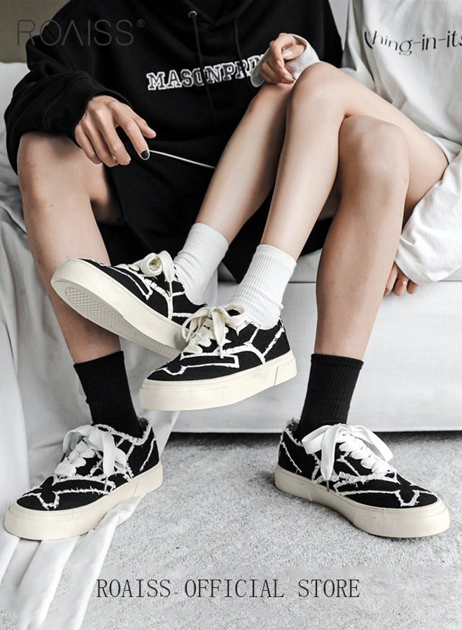 roaiss Platform Sole Canvas Shoes for Women Vintage and Versatile Lightweight and Breathable Sneakers Handmade Frayed Floral Print Casual Cloth Shoes Contrast Color Design Athlesiure Shoes  - Image 3
