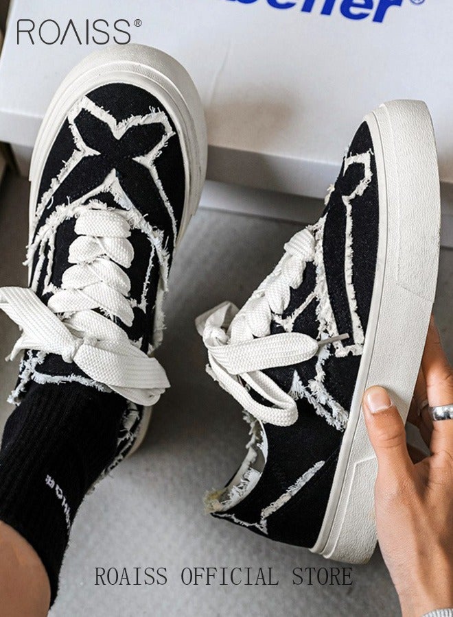 roaiss Platform Sole Canvas Shoes for Women Vintage and Versatile Lightweight and Breathable Sneakers Handmade Frayed Floral Print Casual Cloth Shoes Contrast Color Design Athlesiure Shoes  - Image 5