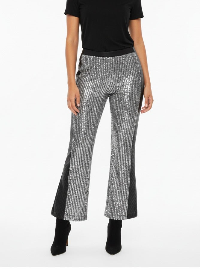 Women Party Lycra flare Sequined Pants with leather black side leather
