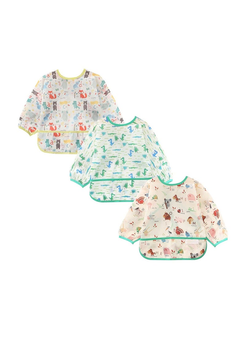 XiuWoo - Long Sleeve Baby Bibs, Unisex Waterproof Feeding Bibs Smock Apron Set for 3-24 Months Infant Child Toddler Coverall 3 Pcs - Image 1