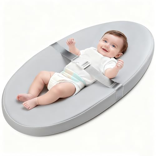 VISFAPAER Baby Diaper Changing Pad, Wipeable Baby Changing Pad for Dresser, Contoured Waterproof Changing Pad with PU Cover, Non-Slip Safety Belt & Bottom, Portable, Lightweight (Grey) - Image 1