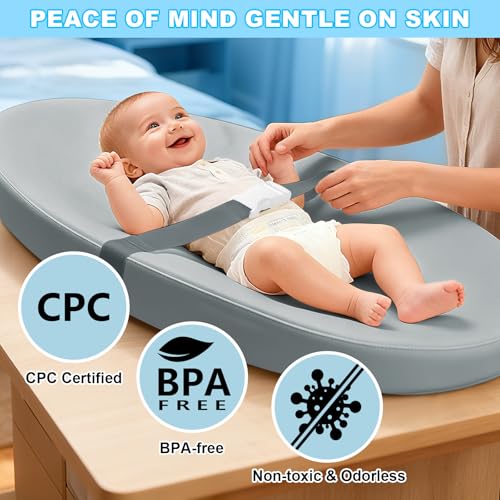VISFAPAER Baby Diaper Changing Pad, Wipeable Baby Changing Pad for Dresser, Contoured Waterproof Changing Pad with PU Cover, Non-Slip Safety Belt & Bottom, Portable, Lightweight (Grey) - Image 2