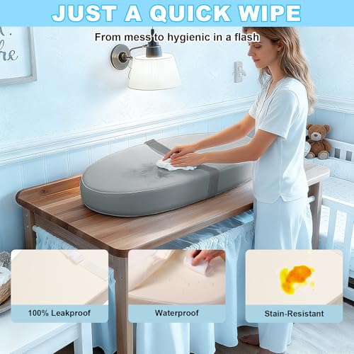 VISFAPAER Baby Diaper Changing Pad, Wipeable Baby Changing Pad for Dresser, Contoured Waterproof Changing Pad with PU Cover, Non-Slip Safety Belt & Bottom, Portable, Lightweight (Grey) - Image 3