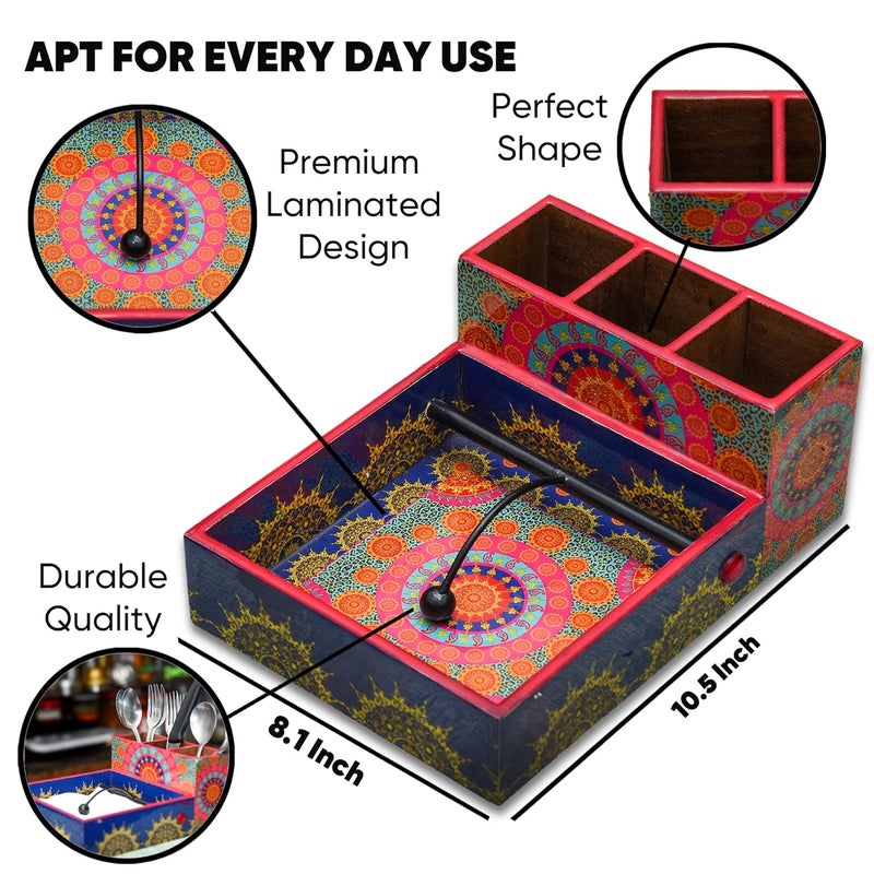 CRAFTY ESSENTIALS Wooden Cutlery and Tissue Paper Holder Kitchen Organiser Cutlery Holder for Multifunctional Organiser Stand with Special Enamel Coating for Dining Table and Kitchen 10x8x4 inch - Image 5