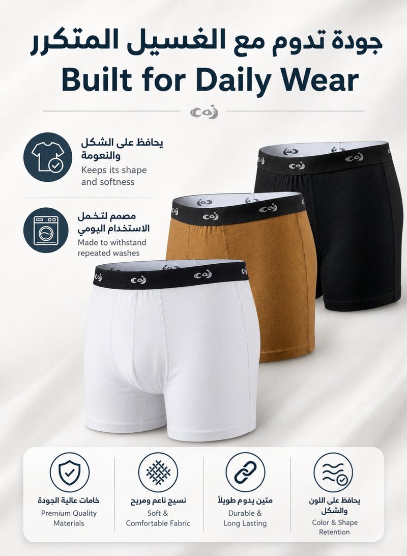 كاج بوكسر رجالي قطن 100%، سروال داخلي رجالي عبوة 3 قطع، قماش ناعم قابل للتهوية، خصر مطاطي مريح، قصة Perfect Fit - Image 3