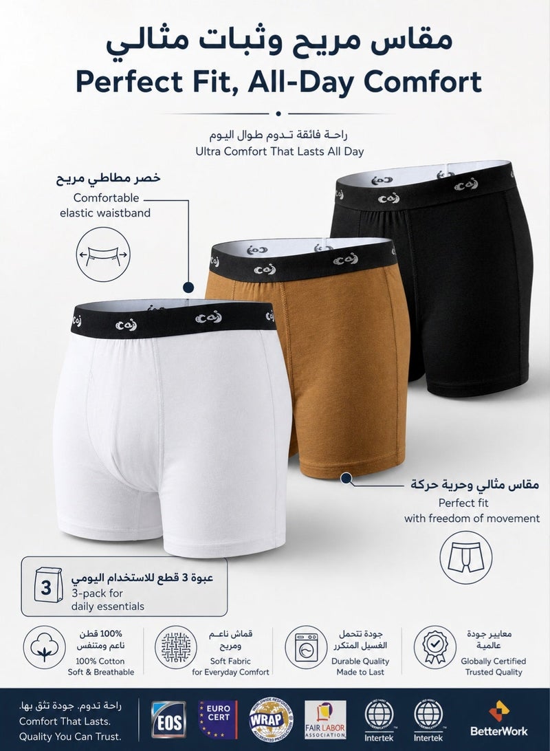 كاج بوكسر رجالي قطن 100%، سروال داخلي رجالي عبوة 3 قطع، قماش ناعم قابل للتهوية، خصر مطاطي مريح، قصة Perfect Fit - Image 2