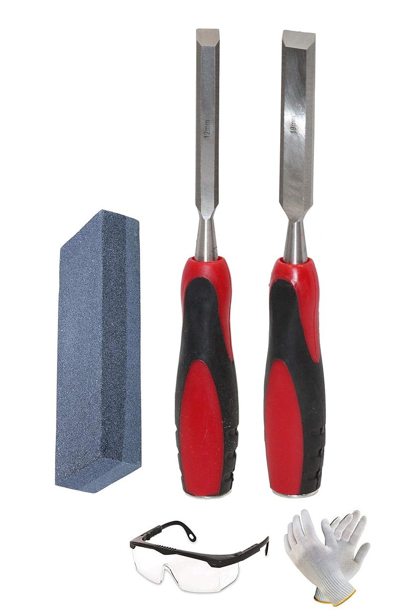 Digital Craft Digital Craft 2PCs High Carbon Steel Wood Carving Chisel Set Manganese Blades Kit for Woodworking Carving Size 12mm 19mm Silicon Carbide Combination Stone for Sharpening with Safety Goggle Gloves  - Image 1