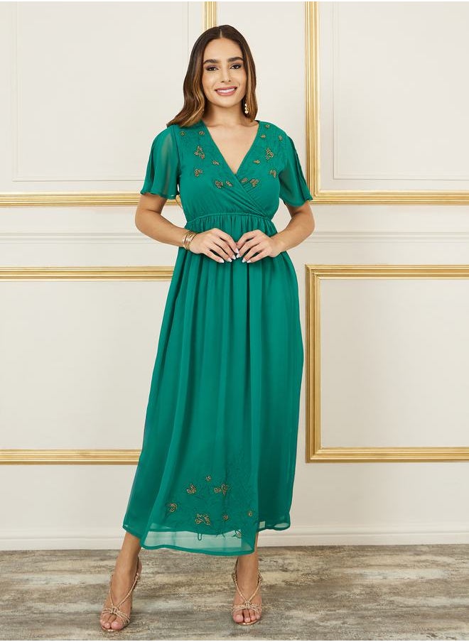 Styli - Embroidered Beaded Detail A-Line Maxi Dress - Image 1