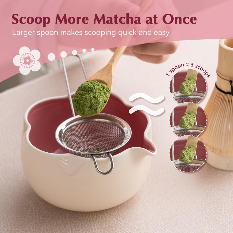 ChaseWind Matcha Set, 8Pcs Floral Ceramic Matcha Kit with Matcha Whisk, Holder, Scoop, Scoop Rest, Sifter, Spoon and Tea Towel - Thoughtful Matcha Whisk Set Gift for Matcha Lovers (Beige & Pink) - Image 5