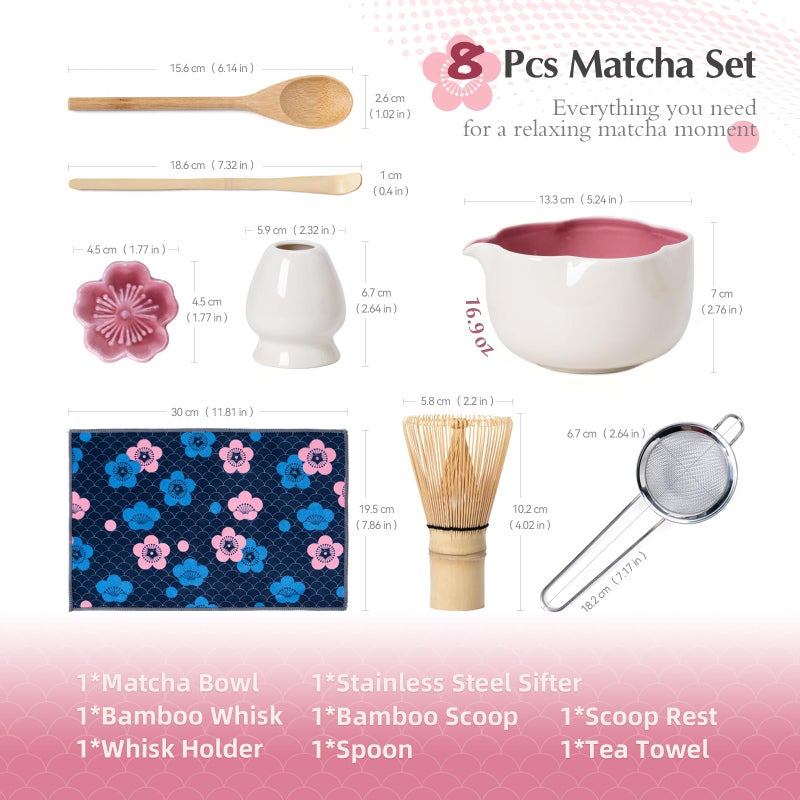 ChaseWind Matcha Set, 8Pcs Floral Ceramic Matcha Kit with Matcha Whisk, Holder, Scoop, Scoop Rest, Sifter, Spoon and Tea Towel - Thoughtful Matcha Whisk Set Gift for Matcha Lovers (Beige & Pink) - Image 3