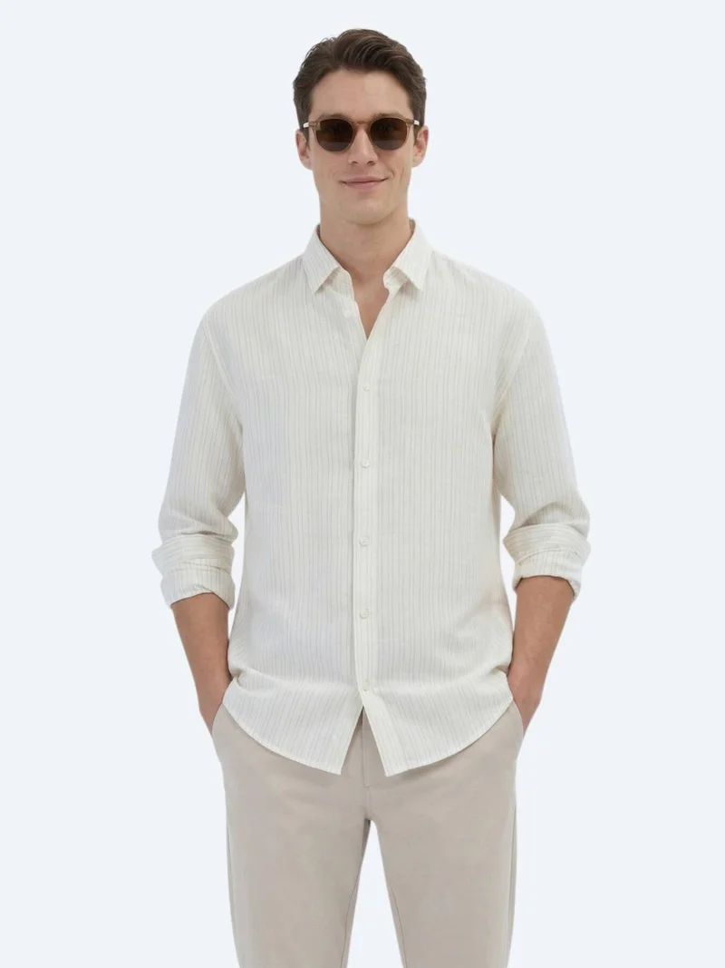 Kip Saffron Striped Oversize Fit Long Weaving Casual Shirt