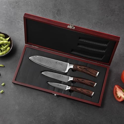 Wakoli EDIB 3-Piece Damascus Kitchen Knife Set in Wooden Gift Box – Sharp Knives Set made of Genuine Damascus Steel (VG10 Core) – Santoku, Small Santoku, & Pairing Knife – Ergonomic Pakkawood Handles - Image 2