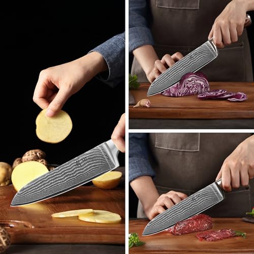 Wakoli EDIB 3-Piece Damascus Kitchen Knife Set in Wooden Gift Box – Sharp Knives Set made of Genuine Damascus Steel (VG10 Core) – Santoku, Small Santoku, & Pairing Knife – Ergonomic Pakkawood Handles - Image 5
