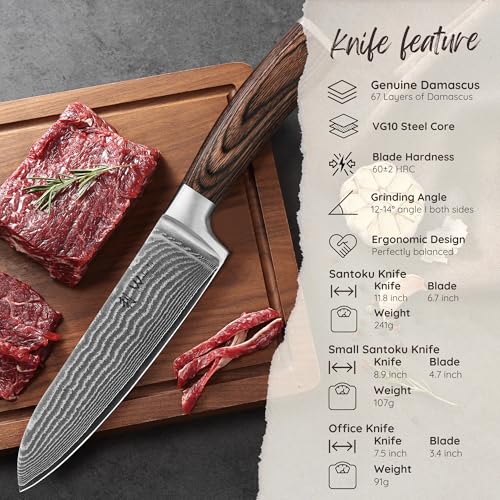 Wakoli EDIB 3-Piece Damascus Kitchen Knife Set in Wooden Gift Box – Sharp Knives Set made of Genuine Damascus Steel (VG10 Core) – Santoku, Small Santoku, & Pairing Knife – Ergonomic Pakkawood Handles - Image 3