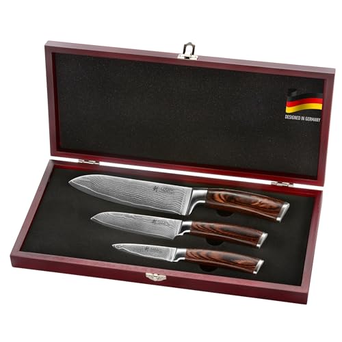 Wakoli EDIB 3-Piece Damascus Kitchen Knife Set in Wooden Gift Box – Sharp Knives Set made of Genuine Damascus Steel (VG10 Core) – Santoku, Small Santoku, & Pairing Knife – Ergonomic Pakkawood Handles - Image 1